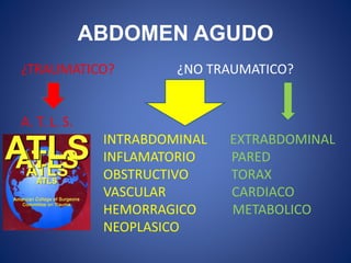 ABDOMEN AGUDO
¿TRAUMATICO? ¿NO TRAUMATICO?
A. T. L. S.
INTRABDOMINAL EXTRABDOMINAL
INFLAMATORIO PARED
OBSTRUCTIVO TORAX
VASCULAR CARDIACO
HEMORRAGICO METABOLICO
NEOPLASICO
 