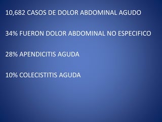 10,682 CASOS DE DOLOR ABDOMINAL AGUDO
34% FUERON DOLOR ABDOMINAL NO ESPECIFICO
28% APENDICITIS AGUDA
10% COLECISTITIS AGUDA
 