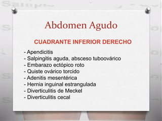 Abdomen Agudo
CUADRANTE INFERIOR DERECHO
- Apendicitis
- Salpingitis aguda, absceso tuboovárico
- Embarazo ectópico roto
- Quiste ovárico torcido
- Adenitis mesentérica
- Hernia inguinal estrangulada
- Diverticulitis de Meckel
- Diverticulitis cecal
 