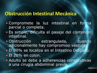 Obstrucción Intestinal Mecánica
 Compromete la luz intestinal en forma
parcial o completa.
 Es simple, dificulta el pasaje del contenido
intestinal.
 Obstrucción estrangulada, cuando
adicionalmente hay compromiso vascular.
 El 80% se localiza en el Intestino Delgado.
 El 20% en colon.
 Adulto se debe a adherencias consecutivas
a una cirugía abdominal previa.
 