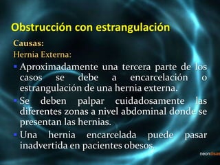Obstrucción con estrangulación
Causas:
Hernia Externa:
 Aproximadamente una tercera parte de los
casos se debe a encarcelación o
estrangulación de una hernia externa.
 Se deben palpar cuidadosamente las
diferentes zonas a nivel abdominal donde se
presentan las hernias.
 Una hernia encarcelada puede pasar
inadvertida en pacientes obesos.
 
