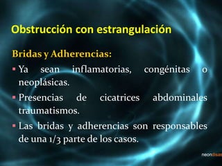 Obstrucción con estrangulación
Bridas y Adherencias:
 Ya sean inflamatorias, congénitas o
neoplásicas.
 Presencias de cicatrices abdominales
traumatismos.
 Las bridas y adherencias son responsables
de una 1/3 parte de los casos.
 