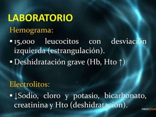 LABORATORIO
Hemograma:
 15,000 leucocitos con desviación
izquierda (estrangulación).
 Deshidratación grave (Hb, Hto ↑)
Electrolitos:
 ↓Sodio, cloro y potasio, bicarbonato,
creatinina y Hto (deshidratación).
 