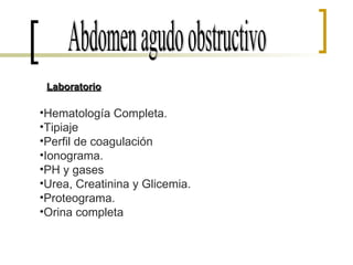 Abdomen agudo obstructivo Hematología Completa. Tipiaje Perfil de coagulación Ionograma. PH y gases Urea, Creatinina y Glicemia. Proteograma. Orina completa Laboratorio 