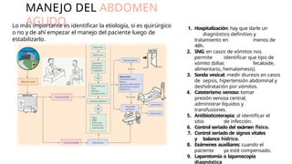 MANEJO DEL ABDOMEN
AGUDO 1. Hospitalización: hay que darle un
diagnóstico definitivo y
tratamiento en menos de
48h.
2. SNG: en casos de vómitos nos
permite identificar que tipo de
vómito (biliar, fecaloide,
alimentario, hematemesis).
3. Sonda vesical: medir diuresis en casos
de sepsis, hipertensión abdominal y
deshidratación por vómitos.
4. Cateterismo venoso: tomar
presión venosa central,
administrar líquidos y
transfusiones.
5. Antibioticoterapia: al identificar el
sitio de infección.
6. Control seriado del exámen físico.
7. Control seriado de signos vitales
y balance hídrico.
8. Exámenes auxiliares: cuando el
paciente ya esté compensado.
9. Laparotomía o laparoscopía
diagnóstica
Lo más importante es identificar la etiología, si es quirúrgico
o no y de ahí empezar el manejo del paciente luego de
estabilizarlo.
 
