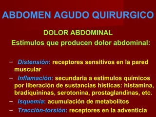 ABDOMEN AGUDO QUIRURGICO
DOLOR ABDOMINAL
Estímulos que producen dolor abdominal:
– DistensiónDistensión: receptores sensitivos en la pared
muscular
– InflamaciónInflamación: secundaria a estímulos químicos
por liberación de sustancias hísticas: histamina,
bradiquininas, serotonina, prostaglandinas, etc.
– IsquemiaIsquemia: acumulación de metabolitos
– Tracción-torsiónTracción-torsión: receptores en la adventicia
 