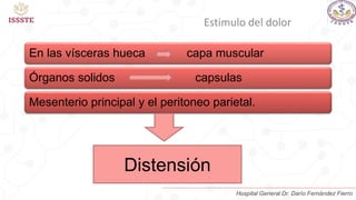 Estimulo del dolor
En las vísceras hueca capa muscular
Órganos solidos capsulas
Mesenterio principal y el peritoneo parietal.
Distensión
Hospital General Dr. Darío Fernández Fierro
 