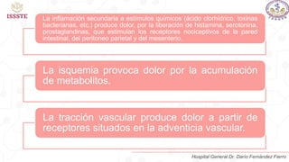 La inflamación secundaria a estímulos químicos (ácido clorhídrico, toxinas
bacterianas, etc.) produce dolor, por la liberación de histamina, serotonina,
prostaglandinas, que estimulan los receptores nociceptivos de la pared
intestinal, del peritoneo parietal y del mesenterio.
La isquemia provoca dolor por la acumulación
de metabolitos.
La tracción vascular produce dolor a partir de
receptores situados en la adventicia vascular.
Hospital General Dr. Darío Fernández Fierro
 
