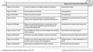 Hospital General Dr. Darío Fernández Fierro
Signos de la exploración abdominal
Signo de Cruveilhier Varices venosas en el ombligo (cabeza de medusa) Hipertension protal
Signo de Cullen Color azulado periumbilical Hemoperitoneo
Signo de Danforth Dolor de hombro al inspirar Hemoperitoneo
Signo de Kehr Dolor en el hombro izquierdo en decúbito supino al
comprimir el cuadrante superior izquierdo del abdomen
Hemoperitoneo (especialmente de origen
esplénico)
Signo de Fothergill Masa en la pared abdominal que no atraviesa la línea
media y sigue siendo palpable cuando se contrae el
músculo recto abdominal
Hematoma del músculo recto abdominal
Signo de Grey Turner Zonas locales de cambio de color alrededor del ombligo y
en los costados
Pancreatitis hemorragica aguda
Signo de Mannkopf Aceleración del pulso al palpar un abdomen doloroso Ausente si el paciente finge estar enfermo
Signo del obturador La flexión con rotación externa del muslo derecho en
decúbito supino provoca dolor hipogástrico
Absceso pélvico o masa inflamatoria en la
pelvis
Signo de Ransohoff Pigmentación amarillenta de la región umbilical Rotura del conducto colédoco
Cirugía general, sabiston Abdomen agudo pag 1123
 