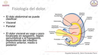 • El dolo abdominal se puede
clasificar:
• Visceral
• Parietal
• El dolor visceral es vago y poco
localizado en epigastrio, región
periumbilical o el hipogastrio,
dependiendo del intestino
primitivo anterior, medio o
posterior
Fisiología del dolor.
Hospital General Dr. Darío Fernández Fierro
 