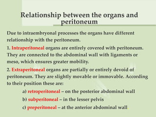 Relationship between the organs and
peritoneum
Due to intraembryonal processes the organs have different
relationship with the peritoneum.
1. Intraperitoneal organs are entirely covered with peritoneum.
They are connected to the abdominal wall with ligaments or
meso, which ensures greater mobility.
2. Extraperitoneal organs are partially or entirely devoid of
peritoneum. They are slightly movable or immovable. According
to their position these are:
а) retroperitoneal – on the posterior abdominal wall
b) subperitoneal – in the lesser pelvis
c) preperitoneal – at the anterior abdominal wall.
 
