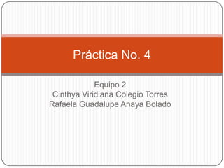 Equipo 2Cinthya Viridiana Colegio TorresRafaela Guadalupe Anaya Bolado Práctica No. 4 