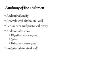 Anatomy of the abdomen
• Abdominal cavity
• Anterolateral abdominal wall
• Peritoneum and peritoneal cavity
• Abdominal viscera
• Digestive system organs
• Spleen
• Urinary system organs
• Posterior abdominal wall
 