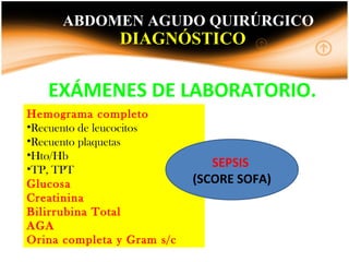 DIAGNÓSTICO
EXÁMENES DE LABORATORIO.
INTRODUCCIONABDOMEN AGUDO QUIRÚRGICO
Hemograma completo
•Recuento de leucocitos
•Recuento plaquetas
•Hto/Hb
•TP, TPT
Glucosa
Creatinina
Bilirrubina Total
AGA
Orina completa y Gram s/c
SEPSIS
(SCORE SOFA)
 