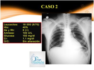 CASO 2
Leucocitos: 18 000 (8/70)
Hto: 40%
Gs y Rh: 0 (+)
Amilasa: 100 U/L
Glucosa: 150 mg/dl
Cr: 1.1 mg/dl
O/C: Sin alteración
 