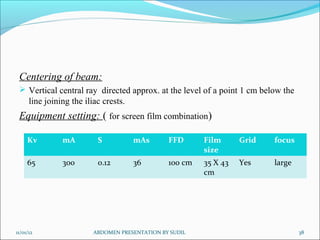 Centering of beam:
 Vertical central ray directed approx. at the level of a point 1 cm below the
line joining the iliac crests.
Equipment setting: ( for screen film combination)
11/01/12 38
ABDOMEN PRESENTATION BY SUDIL
Kv mA S mAs FFD Film
size
Grid focus
65 300 0.12 36 100 cm 35 X 43
cm
Yes large
 
