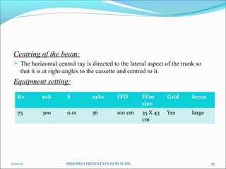 Centring of the beam:
 The horizontal central ray is directed to the lateral aspect of the trunk so
that it is at right-angles to the cassette and centred to it.
Equipment setting:
11/01/12 55
ABDOMEN PRESENTATION BY SUDIL
Kv mA S mAs FFD Film
size
Grid focus
75 300 0.12 36 100 cm 35 X 43
cm
Yes large
 