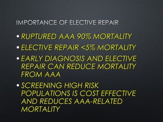 • RUPTURED AAA 90% MORTALITYRUPTURED AAA 90% MORTALITY
• ELECTIVE REPAIR <5% MORTALITYELECTIVE REPAIR <5% MORTALITY
• EARLY DIAGNOSIS AND ELECTIVEEARLY DIAGNOSIS AND ELECTIVE
REPAIR CAN REDUCE MORTALITYREPAIR CAN REDUCE MORTALITY
FROM AAAFROM AAA
• SCREENING HIGH RISKSCREENING HIGH RISK
POPULATIONS IS COST EFFECTIVEPOPULATIONS IS COST EFFECTIVE
AND REDUCES AAA-RELATEDAND REDUCES AAA-RELATED
MORTALITYMORTALITY
 