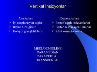 Vertikal İnsizyonlar Avantajları: İyi eksplorasyon sağlar Batına hızlı girilir Kolayca genişletilebilir Dezavantajları Postop ağrılı insizyonlardır Postop respirasyonu sınırlar Kötü kosmetik sonuç MEDİAN(MİDLİNE) PARAMEDİAN PARAREKTAL TRANSREKTAL 