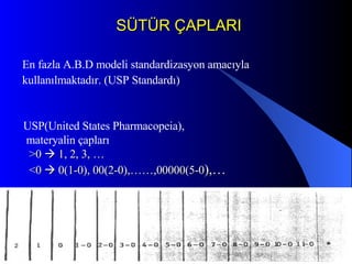 En fazla A.B.D modeli standardizasyon amacıyla kullanılmaktadır. (USP Standardı)  SÜTÜR ÇAPLARI   USP(United States Pharmacopeia), materyalin çapları >0    1, 2, 3, … <0    0(1-0), 00(2-0),……,00000(5-0 ),… 