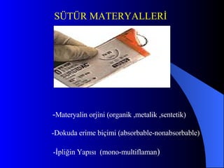     - Materyalin orjini (organik ,metalik ,sentetik) -Dokuda erime biçimi (absorbable-nonabsorbable)      -İpliğin Yapısı  (mono-multiflaman )       SÜTÜR MATERYALLERİ 