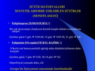 SÜTÜR MATERYALLERİ   SENTETİK ABSORBE EDİLEBİLEN SÜTÜRLER   (MONOFLAMAN ) Poliglekapron 25(MONOCRYL ® ) Bir çok dezavantajı olmaksızın kromik katgüt sütürün avantajlarına sahiptir -Gerilme gücü:7 gün    %50-60, 14 gün    %20-30, 21 gün    %0 Poliglaktin 910 rapide(VİCRYL RAPİDE  ® ) -Vikryle cok   benzer , molekül ağırlığı daha düşüktür,kullanımı daha kolaydır -Gerilme gücü: 7 gün    %30, 10-14 gün    %0 -Süperfisiyal yumuşak doku, cilt Avrupa’da Epizyotomi onarımında önerilmektedir 