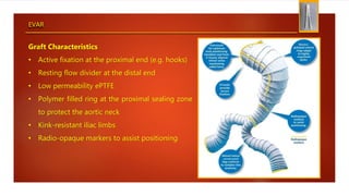 EVAR
Graft Characteristics
• Active fixation at the proximal end (e.g. hooks)
• Resting flow divider at the distal end
• Low permeability ePTFE
• Polymer filled ring at the proximal sealing zone
to protect the aortic neck
• Kink-resistant iliac limbs
• Radio-opaque markers to assist positioning
 