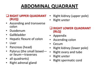 ABDOMINAL QUADRANT
 RIGHT UPPER QUADRANT
(RUQ)
• Ascending and transverse
colon
• Duodenum
• Gallbladder
• Hepatic flexure of colon
• Liver
• Pancreas (head)
• Pylorus (the small bowel—
or ileum—traverses
• all quadrants)
• Right adrenal gland
• Right kidney (upper pole)
• Right ureter
 RIGHT LOWER QUADRANT
(RLQ)
• Appendix
• Ascending colon
• Cecum
• Right kidney (lower pole)
• Right ovary and tube
• Right ureter
• Right spermatic cord
 