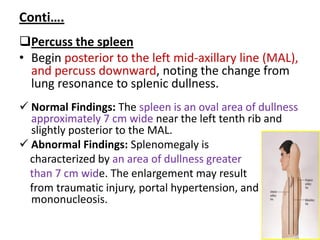 Conti….
Percuss the spleen
• Begin posterior to the left mid-axillary line (MAL),
and percuss downward, noting the change from
lung resonance to splenic dullness.
 Normal Findings: The spleen is an oval area of dullness
approximately 7 cm wide near the left tenth rib and
slightly posterior to the MAL.
 Abnormal Findings: Splenomegaly is
characterized by an area of dullness greater
than 7 cm wide. The enlargement may result
from traumatic injury, portal hypertension, and
mononucleosis.
 