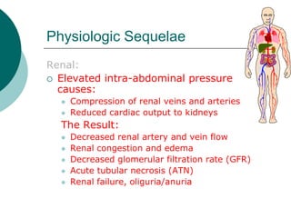 Physiologic Sequelae
Renal:
 Elevated intra-abdominal pressure
  causes:
     Compression of renal veins and arteries
     Reduced cardiac output to kidneys
  The Result:
     Decreased renal artery and vein flow
     Renal congestion and edema
     Decreased glomerular filtration rate (GFR)
     Acute tubular necrosis (ATN)
     Renal failure, oliguria/anuria
 