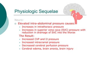 Physiologic Sequelae
Neuro:
 Elevated intra-abdominal pressure causes:
      Increases in intrathoracic pressure
      Increases in superior vena cava (SVC) pressure with
       reduction in drainage of SVC into the thorax
   The Result:
      Increased CVP and IJ pressure
      Increased intracranial pressure
      Decreased cerebral perfusion pressure
      Cerebral edema, brain anoxia, brain injury
 