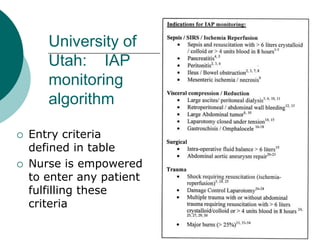 University of
       Utah: IAP
       monitoring
       algorithm

   Entry criteria
    defined in table
   Nurse is empowered
    to enter any patient
    fulfilling these
    criteria
 