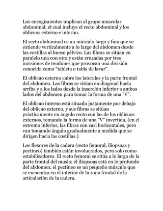 Los encogimientos implican al grupo muscular
abdominal, el cual incluye el recto abdominal y los
oblicuos externo e interno.
El recto abdominal es un músculo largo y fino que se
extiende verticalmente a lo largo del abdomen desde
las costillas al hueso pélvico. Las fibras se sitúan en
paralelo una con otra y están cruzadas por tres
incisiones de tendones que provocan una división
conocida como "tableta o tabla de lavar".
El oblicuo externo cubre los laterales y la parte frontal
del abdomen. Las fibras se sitúan en diagonal hacia
arriba y a los lados desde la inserción inferior a ambos
lados del abdomen para tomar la forma de una "V".
El oblicuo interno está situado justamente por debajo
del oblicuo externo, y sus fibras se sitúan
prácticamente en ángulo recto con las de los oblicuos
externos, tomando la forma de una "V" invertida, (en el
extremo inferior, las fibras son casi horizontales, pero
van tomando ángulo gradualmente a medida que se
dirigen hacia las costillas.)
Los flexores de la cadera (recto femoral, iliopsoas y
pectíneo) también están involucrados, pero solo como
estabilizadores. El recto femoral se sitúa a lo largo de la
parte frontal del muslo; el iliopsoas está en lo profundo
del abdomen; el pectíneo es un pequeño músculo que
se encuentra en el interior de la zona frontal de la
articulación de la cadera.
 