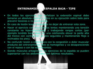 ENTRENAMIENTO ESPALDA BAJA - TIPS
• En todos los ejercicios que enfatizan la extensión espinal debe
tomarse un absoluto control y ritmo en su ejecución sobre todo para
prevenir lesiones o no acentuarlas.
• En caso de lesión leve a moderada no dejar de entrenar esta zona.
• Hacer el ejercicio con movimientos lentos manteniendo una tensión
constante no hiperextendiendo y trabajando rangos cortos (por
ejemplo tendido boca abajo en una colchoneta elevar la parte alta
del tronco con contracción de dos segundos y manteniendo flojo o
inclinados los pies).
• No confundir lesión o contractura con la congestión o dolor muscular
producto del entrenamiento este es homogéneo y va desapareciendo
con el reposo o con los estiramientos.
• Siendo músculos antagónicos los ejercicios de la espalda se pueden
superseriar con los abdominales con óptimos resultados.
 