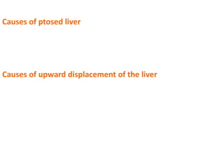 Causes of ptosed liver
 Emphysema
 Pneumothorax
 Pleural effusion
 Subphrenic abscess
Causes of upward displacement of the liver
 Lung fibrosis/collapse
 Diaphragmatic paralysis
 Ascites / abdominal tumours
 