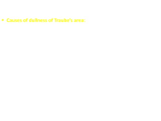  Causes of dullness of Traube’s area:
1. Full stomach/ gastric tumours.
2. Left sided Pleural effusion / pericardial effusion “from above”.
3. Ascites/abdominal tumour “from below”
4. Splenomegaly “from left side”.
5. Enlargement of left lobe of liver “from the right side”.
 