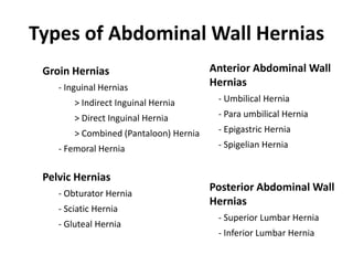 Types of Abdominal Wall Hernias
 Groin Hernias                          Anterior Abdominal Wall
    - Inguinal Hernias                  Hernias
        > Indirect Inguinal Hernia       - Umbilical Hernia
        > Direct Inguinal Hernia         - Para umbilical Hernia
        > Combined (Pantaloon) Hernia    - Epigastric Hernia
    - Femoral Hernia                     - Spigelian Hernia


 Pelvic Hernias
    - Obturator Hernia
                                        Posterior Abdominal Wall
                                        Hernias
    - Sciatic Hernia
                                         - Superior Lumbar Hernia
    - Gluteal Hernia
                                         - Inferior Lumbar Hernia
 