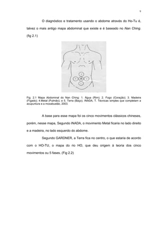 9
O diagnóstico e tratamento usando o abdome através do Ho-Tu é,
talvez o mais antigo mapa abdominal que existe e é baseado no Nan Ching.
(fig 2.1)
Fig. 2.1 Mapa Abdominal do Nan Ching: 1. Água (Rim); 2. Fogo (Coração); 3. Madeira
(Fígado); 4.Metal (Pulmão); e 5. Terra (Baço). INADA, T. Técnicas simples que completam a
acupuntura e a moxabustão, 2003.
A base para esse mapa foi os cinco movimentos clássicos chineses,
porém, nesse mapa, Segundo INADA, o movimento Metal ficaria no lado direito
e a madeira, no lado esquerdo do abdome.
Segundo GARDNER, a Terra fica no centro, o que estaria de acordo
com o HO-TU, o mapa do rio HO, que deu origem à teoria dos cinco
movimentos ou 5 fases. (Fig 2.2)
 