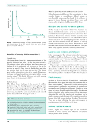 Principles of suturing skin incisions (Box 3)
Smead–Jones
The Smead–Jones closure is a mass closure technique of the
anterior abdominal wall using a far–far, near–near approach.
The closure is done using a delayed absorbable suture, to
include all of the abdominal wall structures on the far–far
portion (at least 1.5–2 cm from the fascial edges) and only
the anterior fascia on the near–near portion. This allows
good healing without intervening fat or muscle. This closure
technique can be performed in an interrupted fashion or as a
running suture.14
The fascial dehiscence rate with running
mass closure of the abdomen is 0.4%.3
Gallup closure
The Gallup closure technique is the closure of midline
incisions using No. 2 polypropylene suture, placing bites
1.5–2 cm from the fascial edge and including all layers of the
anterior abdominal wall (peritoneum, fascial layers and the
intervening muscle). One suture is started from each end and
tied in the middle with three square knots.15
Box 3. Principles of suturing skin incisions
 The primary function of suture is to maintain tissue approximation
during healing
 Debridement of skin edges should be done if necessary
 Avoidance of direct tissue trauma helps ensure best outcomes
 Clean passage of the needle following the arc is imperative
 Skin sutures that blanch the underlying skin are too tight
 Skin edges must just touch each other
Delayed primary closure and secondary closure
Delayed closure should be used for contaminated or dirty
wounds. Staples or monoﬁlament delayed sutures or
non-absorbable sutures can be placed. If the abdomen is
opened for abscess drainage and delayed closure is not used,
copious saline irrigation of all layers should be done.
Incisions and closure for obese patients
Morbid obesity poses problems with incision placement and
closure. Morbid obesity carries a seven-fold increased risk of
woundinfection.16
Ifanytransverseincisionischosenforobese
patients, it should be far removed from the anaerobic moist
environment of the subpannicular fold. The midline vertical
incision is made by ﬁrst retracting the panniculus inferiorly to
avoid the most anaerobic moist area. Closure is done by
Smead–Jones or running mass closure. An intrafascial drain
should be left in situ until drain is 50 ml/24 hours. The skin is
closed using staples in preference to subcuticular sutures.16
Laparoscopic incisions and closure
It has been suggested that primary incision for laparoscopy
should be vertical from the base, not below the umbilicus.17
Any non-midline port 7 mm and any midline port 10 mm
requires formal deep sheath closure to avoid the occurrence of
port site hernia.17
A laparoscopic wound closure device named V-Loc consists
of a barbed absorbable thread that is self-anchoring and
eliminates the need to tie a knot. This is feasible and appears
to be a promising alternative to frequently used peritoneal
closuretechniquesbutisyettobeevaluatedinclinicalstudies.18
Electrosurgery
Incisions of the skin must not be made with a monopolar
electrosurgical device as the desiccation effect may cause skin to
blister and heal poorly.19
High electrical current delivered with a
ﬁne electrode of a small surface area generates the most efﬁcient
cutting effects and the least thermal damage. Therefore, to incise
tissue, cut current should be used with a small or thin electrode
that isactivated just beforemaking contact with the target tissue.
Abdominal fat, which has high intrinsic impedance, can be
readily cut using a blade electrode with a coagulation waveform
because of the high current density at the edge of the electrode.
There are no data indicating that using electrosurgery in
pregnancy causes untoward effect on the fetus.
Wound closure materials
Sutures, staples and adhesive tapes are the traditional
methods of wound closure; tissue adhesives have entered
clinical practice more recently.
Figure 3. Relationship between the rise in tension between sutures
and tissues caused by a 30% wound stretch and suture length
(SL):wound length (WL) ratio.
16 ª 2014 Royal College of Obstetricians and Gynaecologists
Abdominal incisions and sutures
 