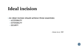 An ideal incision should achieve three essentials:
 ACCESSIBILITY
 EXTENSIBILITY
 SECURITY
- Zinner et al, 1997
 