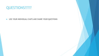 QUESTIONS?????
 USE YOUR INDIVIDUAL CHATS AND SHARE YOUR QUESTIONS
 