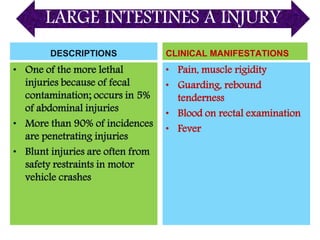 LARGE INTESTINES A INJURY
DESCRIPTIONS
• One of the more lethal
injuries because of fecal
contamination; occurs in 5%
of abdominal injuries
• More than 90% of incidences
are penetrating injuries
• Blunt injuries are often from
safety restraints in motor
vehicle crashes
CLINICAL MANIFESTATIONS
• Pain, muscle rigidity
• Guarding, rebound
tenderness
• Blood on rectal examination
• Fever
 