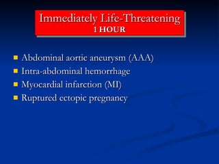 Immediately Life-Threatening  1 HOUR Abdominal aortic aneurysm (AAA) Intra-abdominal hemorrhage Myocardial infarction (MI) Ruptured ectopic pregnancy 