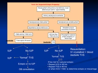 IUP OB consultation IUP No IUP If low risk for ruptured ectopic: Repeat hCG in 48 hrs  Repeat TVS in 48 hrs  or when hCG >1500  to determine ectopic or miscarriage Resuscitation: IV crystalloid + blood bedside  TVS No IUP “ formal” TVS IUP Ectopic or no IUP “ formal” TVS bedside bedside (-) 