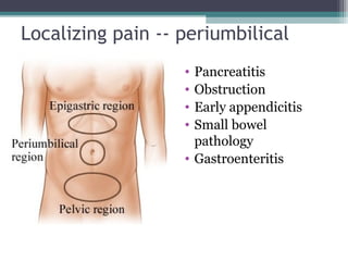 Localizing pain -- periumbilical
•
•
•
•

Pancreatitis
Obstruction
Early appendicitis
Small bowel
pathology
• Gastroenteritis

 