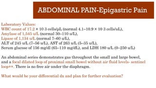 ABDOMINAL PAIN-Epigastric Pain
Laboratory Values:
WBC count of 17.2 × 10 3 cells/μL (normal 4.1–10.9 × 10 3 cells/uL),
Amylase of 1,545 u/L (normal 30–110 u/L),
Lipase of 1,134 u/L (normal 7–60 u/L),
ALT of 245 u/L (7–56 u/L), AST of 263 u/L (5–35 u/L),
Serum glucose of 156 mg/dl (65–110 mg/dL), and LDH 180 u/L (0–250 u/L)
An abdominal series demonstrates gas throughout the small and large bowel,
and a focal dilated loop of proximal small bowel without air fluid levels- sentinel
loop++. There is no free air under the diaphragm.
What would be your differential dx and plan for further evaluation?
 