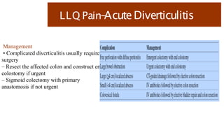 LLQ Pain-
AcuteDiverticulitis
Management
• Complicated diverticulitis usually requires
surgery
– Resect the affected colon and construct end
colostomy if urgent
– Sigmoid colectomy with primary
anastomosis if not urgent
 