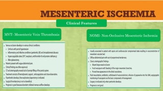 MESENTERIC ISCHEMIA
Clinical Features
MVT- Mesenteric Vein Thrombosis NOMI- Non-Occlusive Mesenteric Ischemia
 