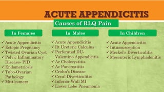 ACUTE APPENDICITIS
Causes of RLQ Pain
üAcute Appendicitis
üEctopic Pregnancy
üTwisted Ovarian Cyst
üPelvic Inflammatory
Disease- PID
üEndometriosis
üTubo-Ovarian
Pathology
üMittlesmerz
In Females
üAcute Appendicitis
üRt Ureteric Calculus
üPerforated DU-
Valentino Appendicitis
üAc Cholecystitis
üAc Pancreatitis
üCrohn’s Disease
üCecal Diverticulitis
üInferior Wall MI
üLower Lobe Pneumonia
In Males In Children
üAcute Appendicitis
üIntussusception
üMeckel’s Diverticulitis
üMesenteric Lymphadenitis
 