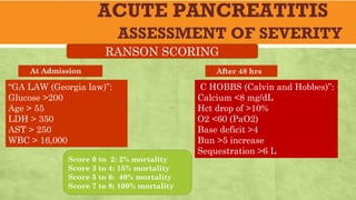 ACUTE PANCREATITIS
ASSESSMENT OF SEVERITY
RANSON SCORING
At Admission
“GA LAW (Georgia law)”:
Glucose >200
Age > 55
LDH > 350
AST > 250
WBC > 16,000
After 48 hrs
“C HOBBS (Calvin and Hobbes)”:
Calcium <8 mg/dL
Hct drop of >10%
O2 <60 (PaO2)
Base deficit >4
Bun >5 increase
Sequestration >6 L
Score 0 to 2: 2% mortality
Score 3 to 4: 15% mortality
Score 5 to 6: 40% mortality
Score 7 to 8: 100% mortality
 